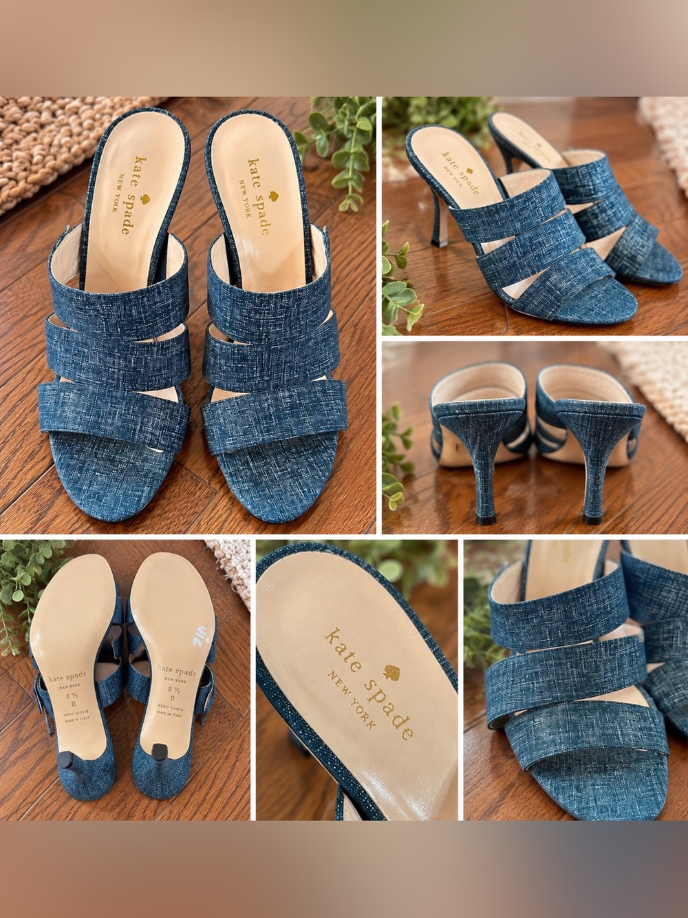 kate spade Blue Denim-Textured Triple-Strap Mule Heels, size 8.5